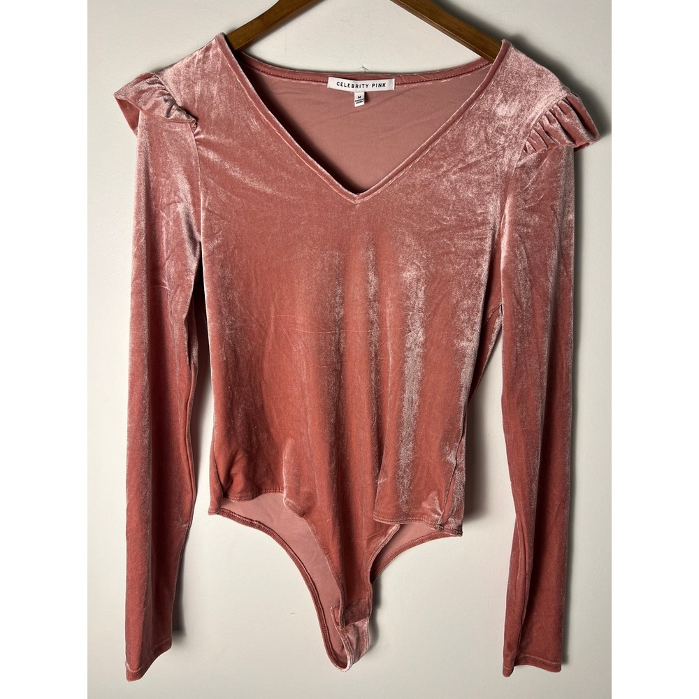 Celebrity Pink Bodysuit Wm M Pink Velvet V-Neck Ruffle Shoulder Long Sleeve